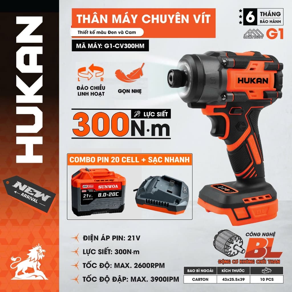 [MẪU MỚI] Máy chuyên vít có búa HUKAN G1-CV300HM, Không chổi than, 300Nm, Tốc độ 3000v/p, 3900 IPM, 3 cấp chỉnh tốc