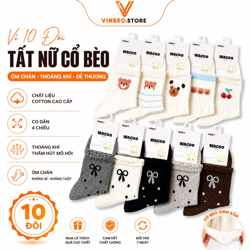 Vỉ 10 Đôi Tất Nữ cổ bèo Ôm Chân Thoáng Khí nhiều màu chất liệu cotton cõ dãn 4 chiều
