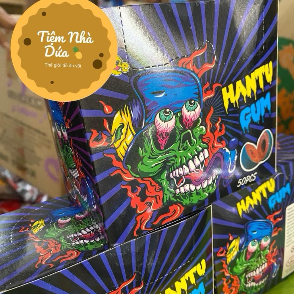 Sỉ Hộp 50c Kẹo Gum Nhuộm Lưỡi, Kẹo Cao Su Nhuộm Lưỡi Hantu Gum zombie Candy Snack Ăn Vặt Food Chua