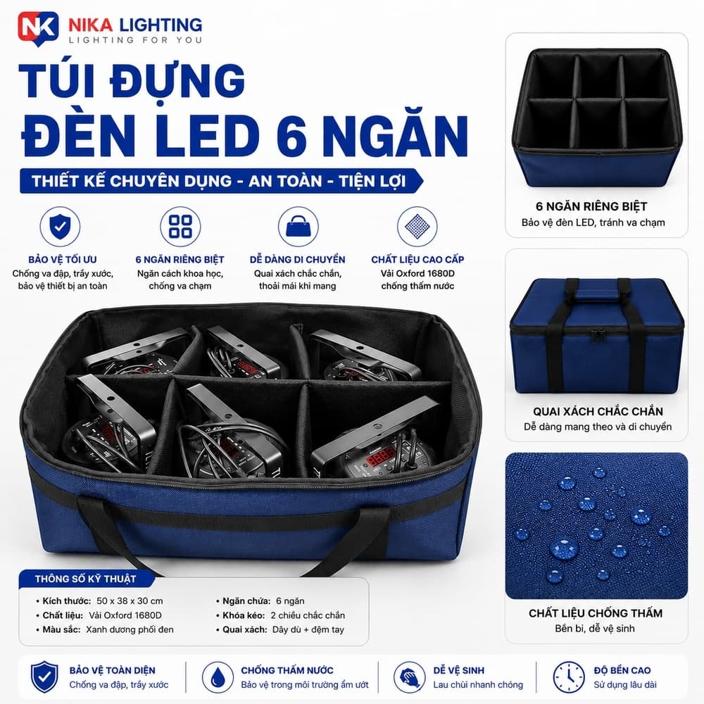 Túi Đựng Đèn PAR LED 4 Ngăn & 6 Ngăn – Bảo Vệ Thiết Bị An Toàn, Vận Chuyển Tiện Lợi