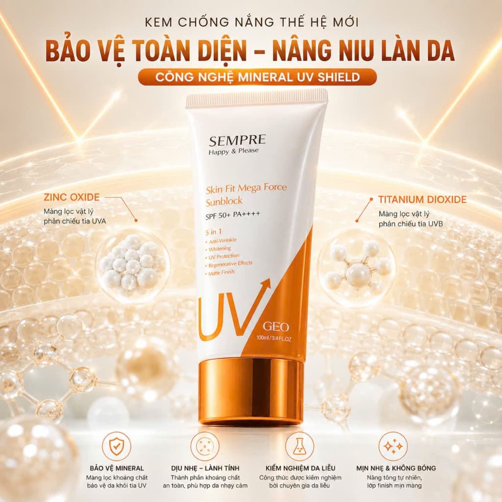 Kem Chống Nắng 5 In 1 GEO Sempre GEO LAMY SPF50+ PA++++ 100ML Nâng Tông Dưỡng Ẩm Làm Dịu Da Hàn Quốc