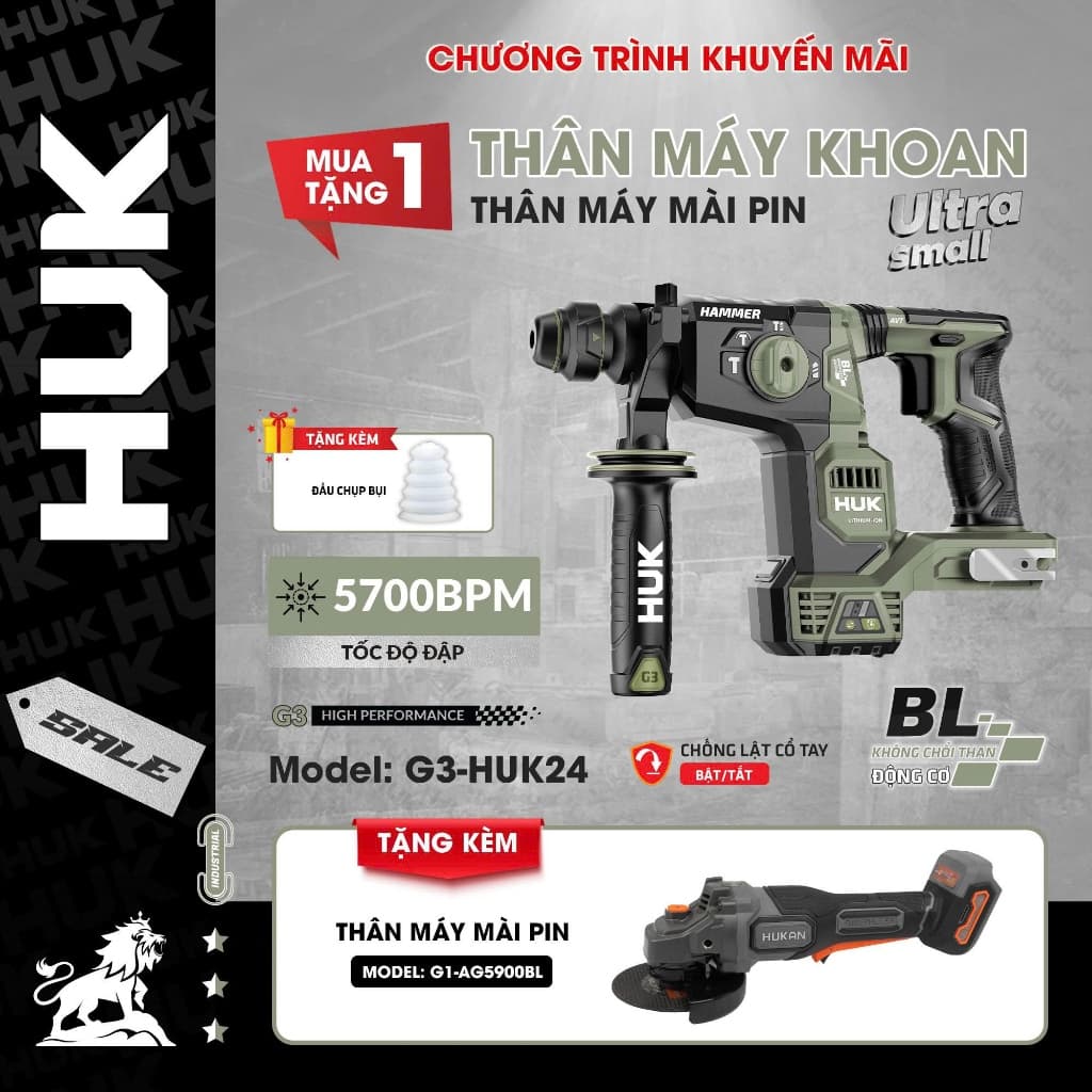 [Tặng mài AG5900BL] Máy khoan đục bê tông pin HUKAN G3-HUK24, 2.2J Có Anti-kickback, Giảm rung chấn
