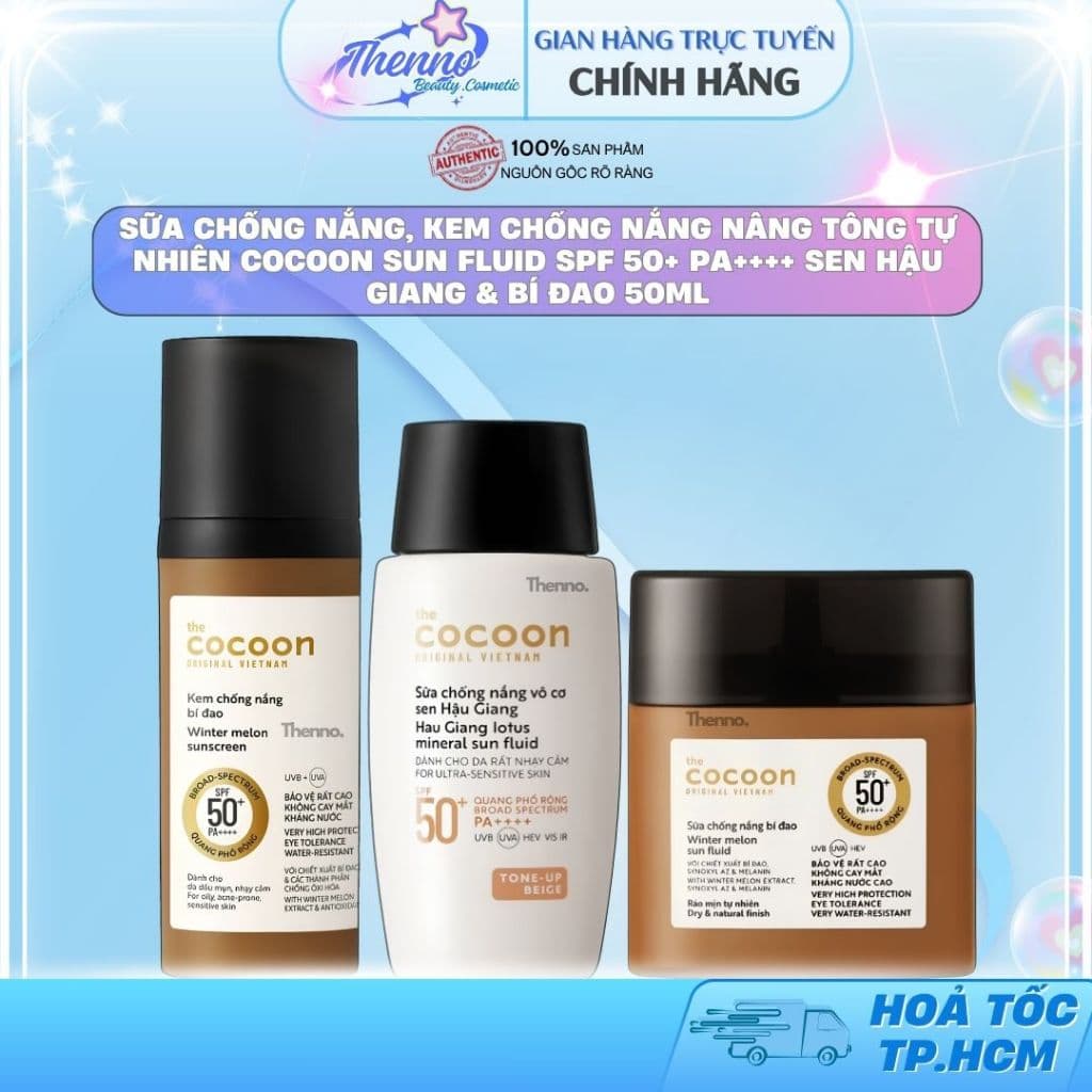 Sữa Chống Nắng, Kem Chống Nắng Nâng Tông Tự Nhiên Cocoon Sun Fluid SPF 50+ PA++++ Sen Hậu Giang & Bí Đao 50ml
