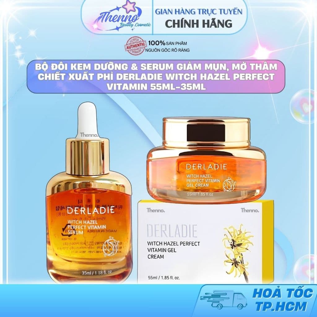 Bộ Đôi Kem Dưỡng & Serum Giảm Mụn, Mờ Thâm Chiết Xuất Phỉ Derladie Witch Hazel Perfect Vitamin 55ml-35ml