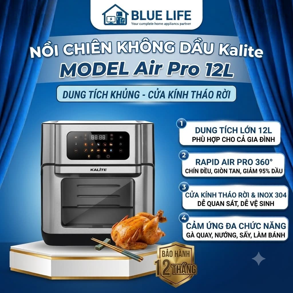 Nồi Chiên Không Dầu KALITE Air Pro, Dung tích 12L - Công suất 1500W, Màn Hình Màu OLED, Hàng Chính Hãng