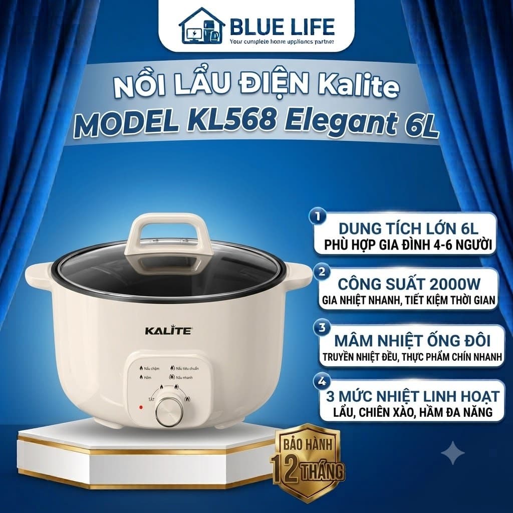 Nồi Lẩu Đa Năng KALITE KL568 Elegant, Dung Tích 6L - Công Suất 2000W - Điều Khiển 3 Mức Nhiệt Linh Hoạt, Hàng Chính Hãng