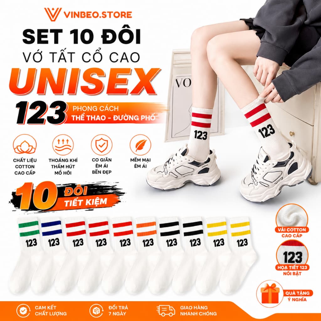 SET 10 ĐÔI Vớ Tất cổ cao UNISEX số 123 phong cách thể thao, đường phố, năng động,trẻ trung