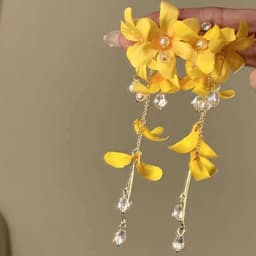 Bông Tai Hoa Vàng Dài Tua Rua Đính Pha Lê Ngọc Trai - Khuyên Tai Nữ Phong Cách Cổ Phong, Tiểu Thư Sang Trọng 3