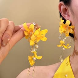 Bông Tai Hoa Vàng Dài Tua Rua Đính Pha Lê Ngọc Trai - Khuyên Tai Nữ Phong Cách Cổ Phong, Tiểu Thư Sang Trọng 2