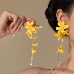 Bông Tai Hoa Vàng Dài Tua Rua Đính Pha Lê Ngọc Trai - Khuyên Tai Nữ Phong Cách Cổ Phong, Tiểu Thư Sang Trọng 1