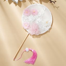 Quạt Tròn Cổ Trang Hoa Đỏ Handmade - Quạt Cầm Tay Hán Phục Cổ Phong Kèm Tua Rua, Phụ Kiện Chụp Ảnh Biểu Diễn 5