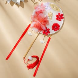 Quạt Tròn Cổ Trang Hoa Đỏ Handmade - Quạt Cầm Tay Hán Phục Cổ Phong Kèm Tua Rua, Phụ Kiện Chụp Ảnh Biểu Diễn 1