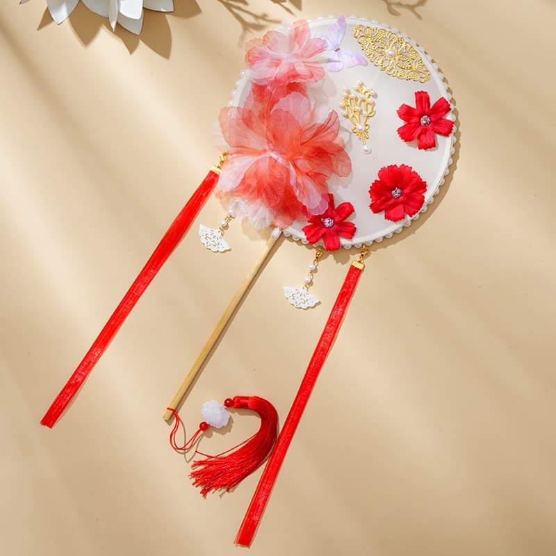 Quạt Tròn Cổ Trang Hoa Đỏ Handmade - Quạt Cầm Tay Hán Phục Cổ Phong Kèm Tua Rua, Phụ Kiện Chụp Ảnh Biểu Diễn
