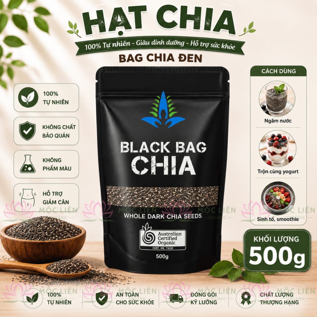 Hạt Chia Úc, Hạt Chia Đen Tự Nhiên Nguyên Hạt, Dùng Pha Nước, Sinh Tố, Sữa Chua, Yến Mạch, Eat Clean - Ăn Vặt Denfood