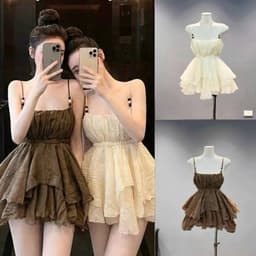 (Tặng Quần) Set Áo Hai Dây Tầng Xoè Tơ Đũi Màu Nâu Tây/Kem Tiểu Thư 2