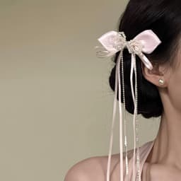Kẹp Tóc Nơ Hồng Đính Ngọc Trai Dây Ruy Băng Dài - Kẹp Càng Cua Nữ Phong Cách Tiểu Thư Hàn Quốc Sang Trọng 3