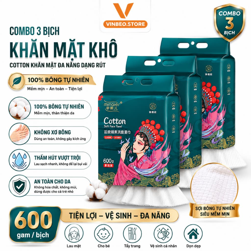 Combo 3 Bịch Khăn Mặt Khô Cotton Khăn Mặt Đa Năng Dạng Rút Chất Liệu Bông Tự Nhiên Bịch 600gam  VINBEO-[AL06]