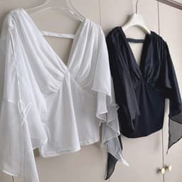 Áo thun cổ V tay voan rũ dáng ôm DUDUSTUDIO 9