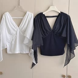 Áo thun cổ V tay voan rũ dáng ôm DUDUSTUDIO 8