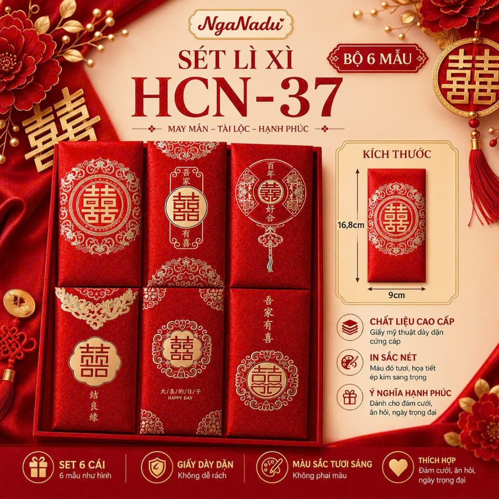 Sét 10 cái / 6 cái Lì Xì Đám Cưới,Bao Lì Xì Đỏ cao cấp may mắn,Song Hỷ,Nạp Tài,bê tráp,Hồng bao Quà Tặng Sang Trọng