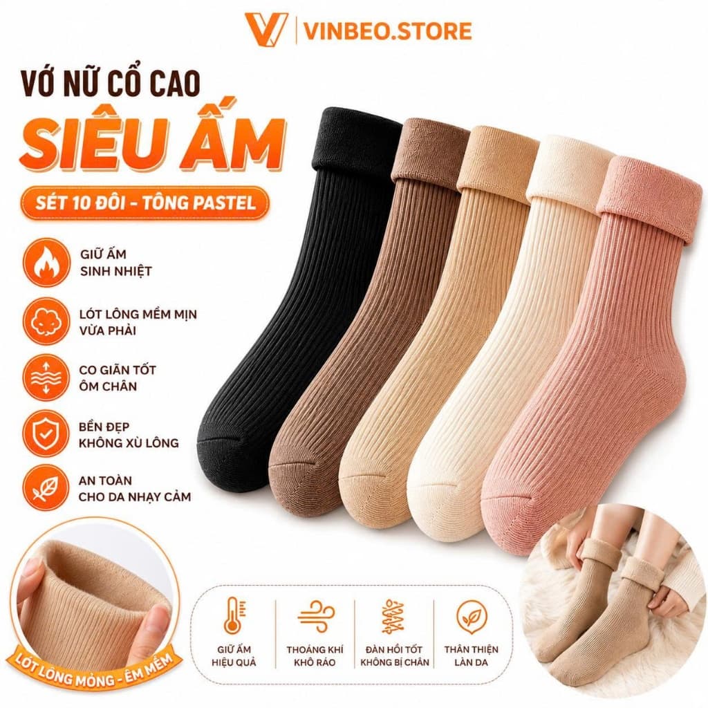 Vớ Nữ Sét 10 Đôi -Tất Nữ-Tất Lót Lông nữ Cổ Cao Sinh Nhiệt Chất Dày Cho Mùa Đông Siêu ấmTông Màu Pastel