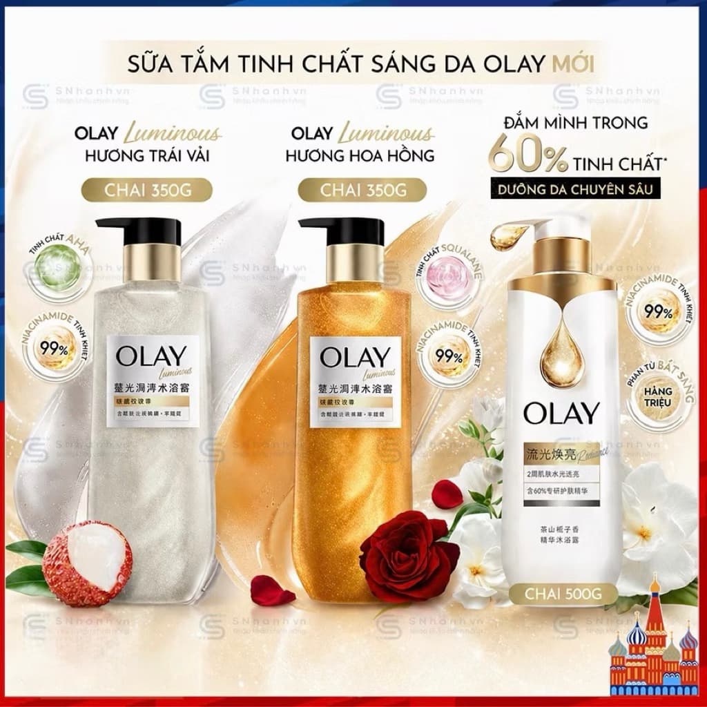 Sữa Tắm Sáng Da OLAY B3 Hương Hoa Dành Dành và Olay Luminous Hương Hoa Hồng/ Trái Vải