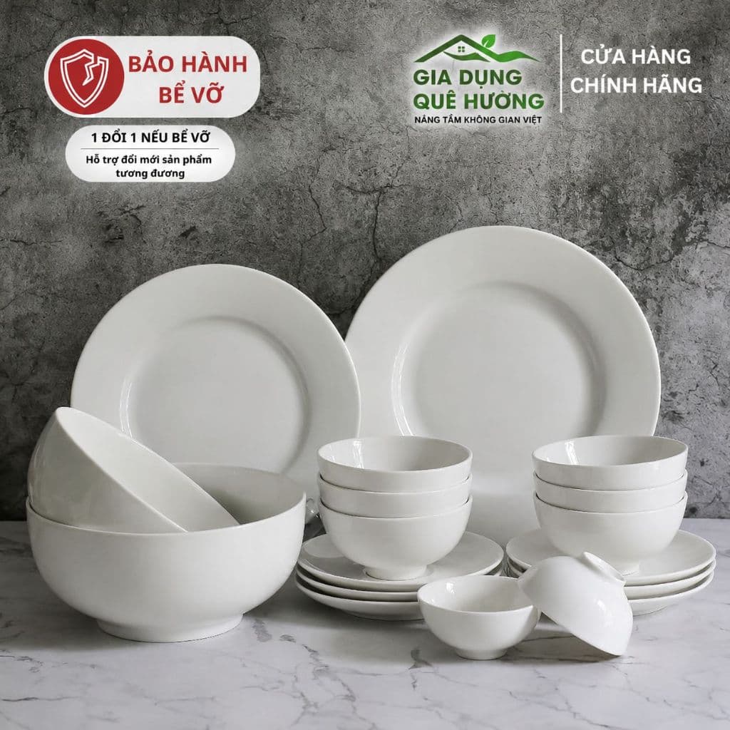 LẺ Tô chén dĩa sứ trắng  đầy đủ Set bát đĩa tô chén ăn cơm gia đình sứ tráng men xuất khẩu - QH
