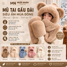 Mũ tai gấu Dài 1m5 Hàng QC Loại 1 kiêm khăn choàng cổ và găng tay bằng vải lông 1