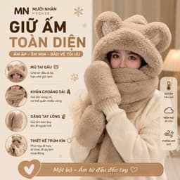 Mũ tai gấu Dài 1m5 Hàng QC Loại 1 kiêm khăn choàng cổ và găng tay bằng vải lông 2