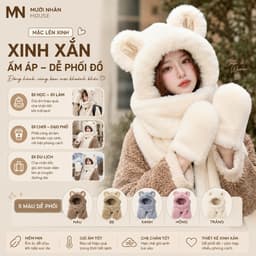 Mũ tai gấu Dài 1m5 Hàng QC Loại 1 kiêm khăn choàng cổ và găng tay bằng vải lông 4