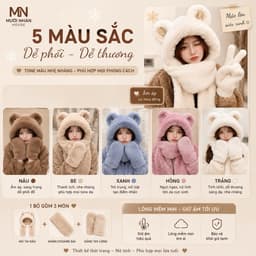 Mũ tai gấu Dài 1m5 Hàng QC Loại 1 kiêm khăn choàng cổ và găng tay bằng vải lông 5
