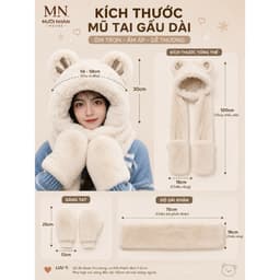Mũ tai gấu Dài 1m5 Hàng QC Loại 1 kiêm khăn choàng cổ và găng tay bằng vải lông 6
