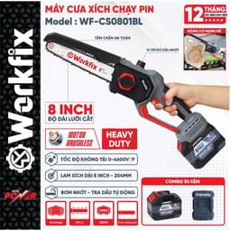 [MẪU MỚI 2026] Cưa xích dùng pin WORKFIX WF-CS0801BL, Tốc độ khủng 46000v/p, Không chổi than, Tra nhớt tự động 1