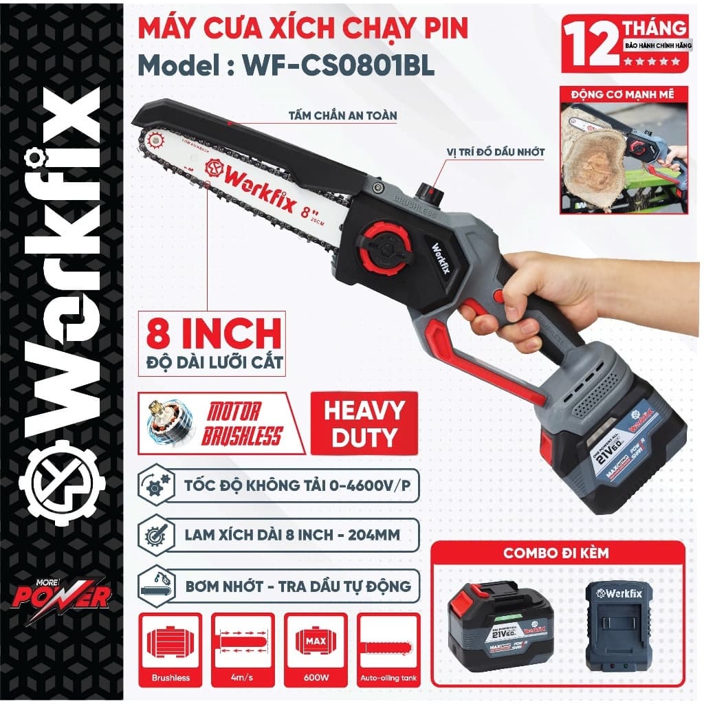 [MẪU MỚI 2026] Cưa xích dùng pin WORKFIX WF-CS0801BL, Tốc độ khủng 46000v/p, Không chổi than, Tra nhớt tự động