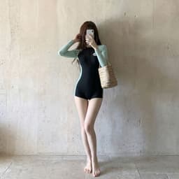 [Hoả Tốc Sẵn] Đồ Bơi ,Bikini Nữ Liền Thân Dài Tay Cổ Kéo Khoá Đen Tay Xanh 4