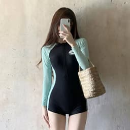 [Hoả Tốc Sẵn] Đồ Bơi ,Bikini Nữ Liền Thân Dài Tay Cổ Kéo Khoá Đen Tay Xanh 1