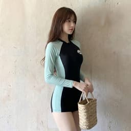 [Hoả Tốc Sẵn] Đồ Bơi ,Bikini Nữ Liền Thân Dài Tay Cổ Kéo Khoá Đen Tay Xanh 8