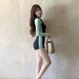 [Hoả Tốc Sẵn] Đồ Bơi ,Bikini Nữ Liền Thân Dài Tay Cổ Kéo Khoá Đen Tay Xanh 9