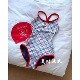 [Hoả Tốc Sẵn] Đồ Bơi ,Bikini Nữ Một Mảnh Liền Thân Hai Dây Chéo Lưng Nơ Kẻ Xanh 3