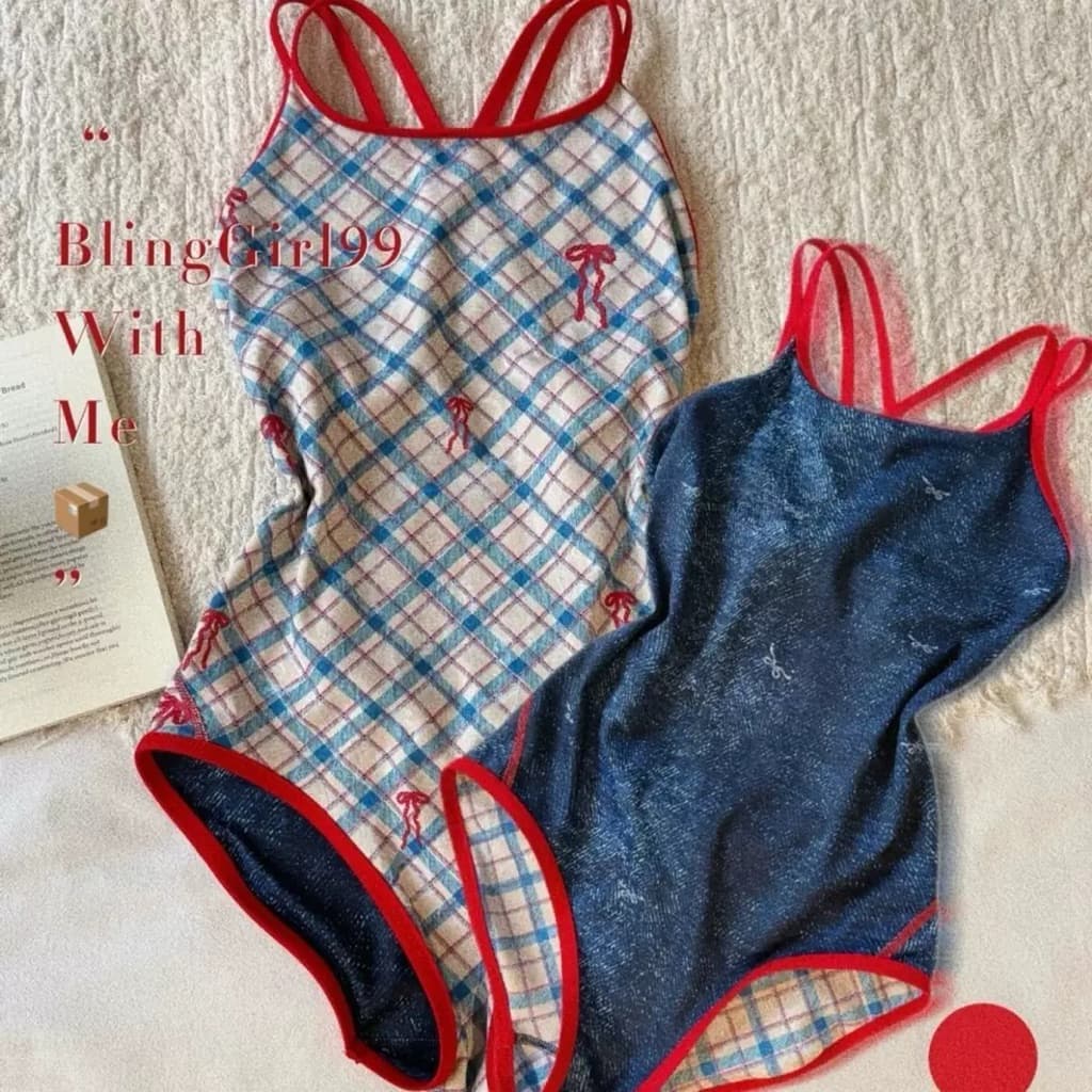 [Hoả Tốc Sẵn] Đồ Bơi ,Bikini Nữ Một Mảnh Liền Thân Hai Dây Chéo Lưng Nơ Kẻ Xanh