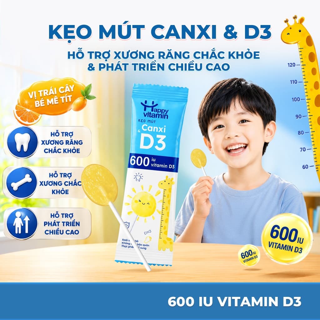 Kẹo mút Canxi và D3 cho bé. Giúp Xương Răng Chắc Khỏe, Tăng Đề Kháng,Miễn Dịch Happy Vitamin Hộp 25 que