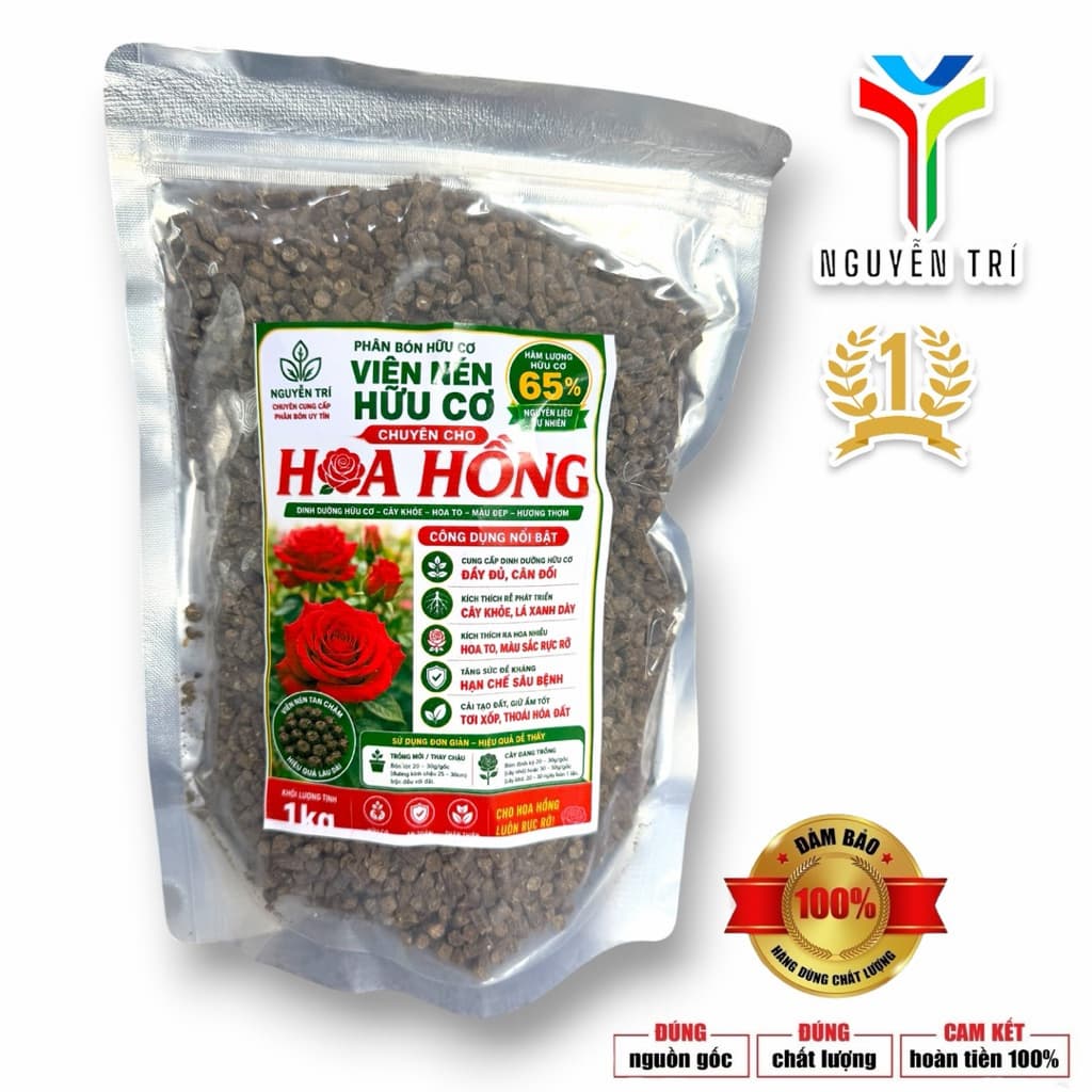 VIÊN NÉN HỮU CƠ CHUYÊN HOA HỒNG 65% HỮU CƠ – PHÂN BÓN HỮU CƠ TAN CHẬM – KÍCH RỄ, CÂY KHỎE, HOA TO ĐẸP – GÓI 1KG