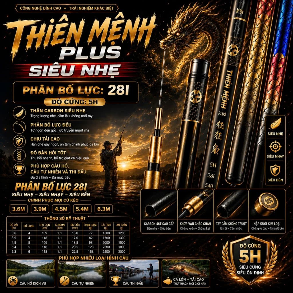 CẦN CÂU THIÊN MỆNH PLUS 5H – SIÊU NHẸ, SIÊU NHẠY, SIÊU BỀN