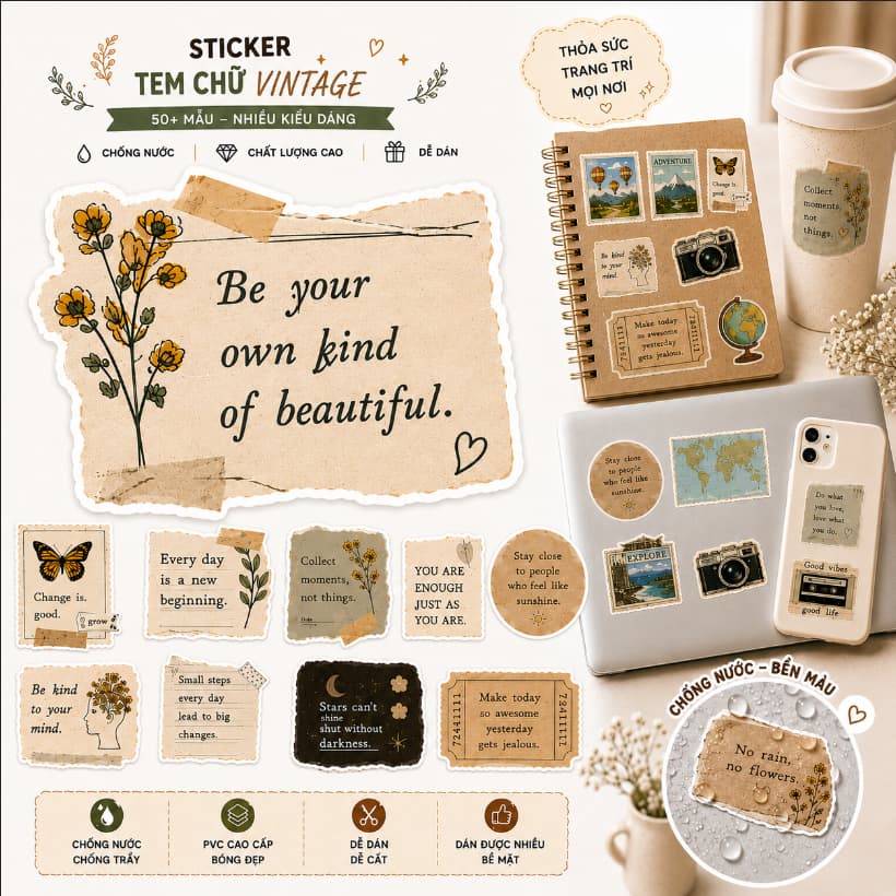 Sticker Chữ Vintage Decal Chống Nước Trang Trí Cặp Sách Hộp Bút Sổ Tay Notebook Bình Nước Laptop