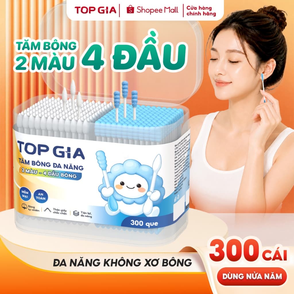Tăm bông đa năng Topgia 4 đầu, hộp 300 que bông mềm - Tạp hoá Gemgem