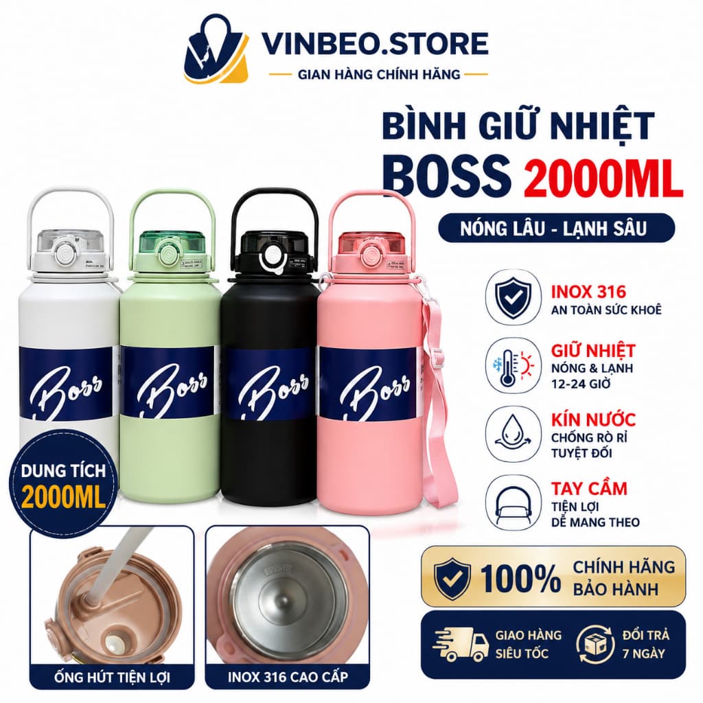 Bình Giữ Nhiệt BOSS Dung Tích Lớn 2000ML INOX 306 Cao Cấp Giữ Nhiệt Nóng Lạnh 15h-24h Có Tay Cầm Tiện Lợi VINBEO