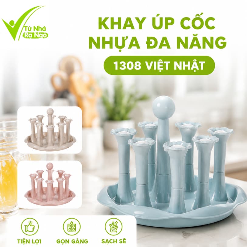Khay Úp Cốc Nhựa Đa Năng 1308 Việt Nhật 8 Vị Trí Úp Ly Có Khay Hứng Nước Chất Liệu Nhựa PP Cao Cấp GD395