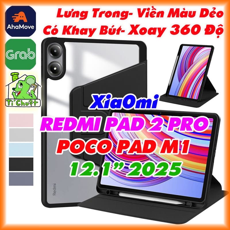 [Xoay 360 Độ] Bao Da MTB Xia0mi REDMI PAD 2 PRO- POCO PAD M1 12.1" 2025 Lưng Cứng Trong Suốt Viền Dẻo