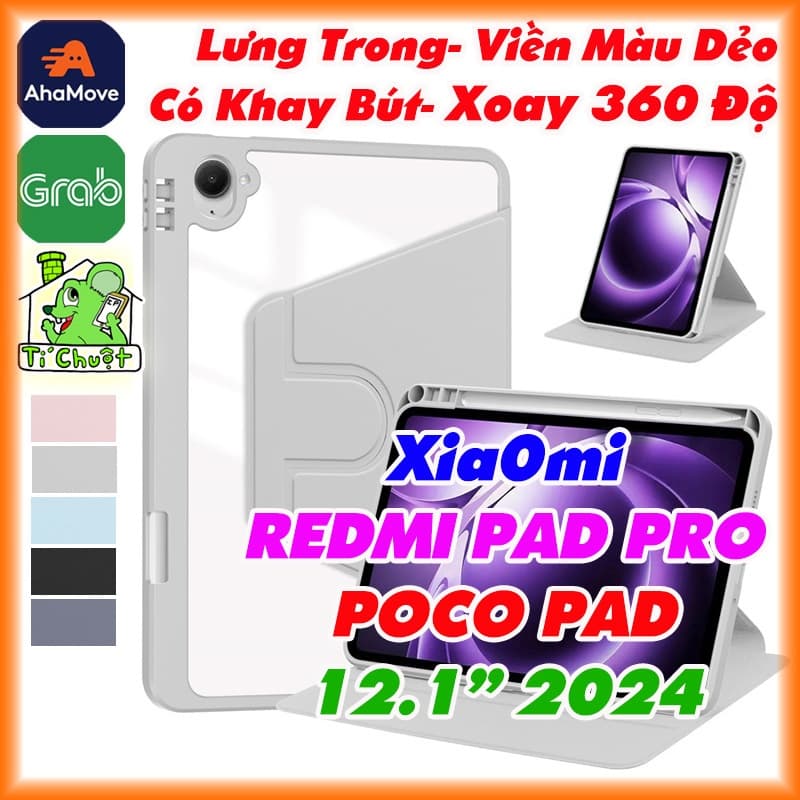 [Xoay 360 Độ] Bao Da MTB Xia0mi REDMI PAD PRO 12.1- POCO PAD 12.1" 2024 Lưng Cứng Trong Suốt Viền Dẻo