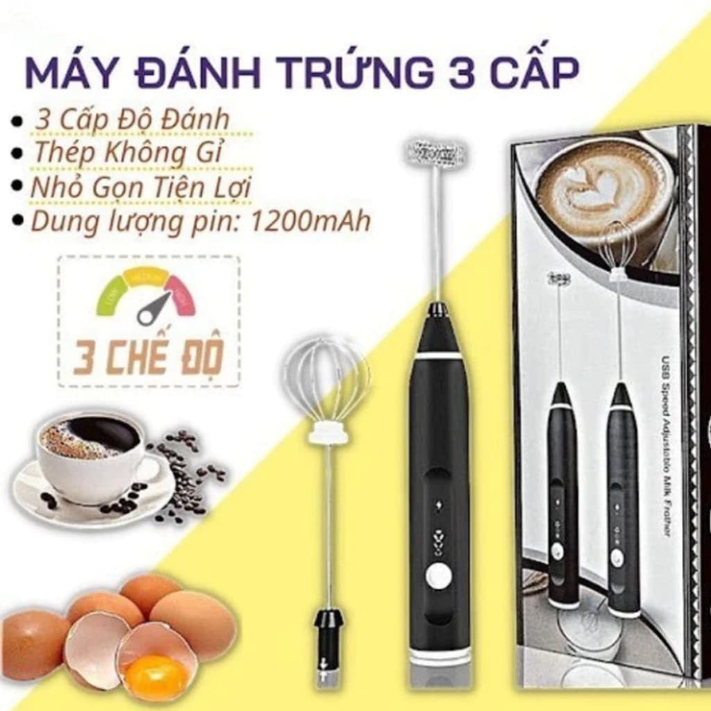 (Tặng dây sạc) Máy Đánh Trứng, Máy Tạo Bọt Cà Phê 3 Tốc Độ Tiện Dụng  Máy Đánh Bọt Tiện Lợi